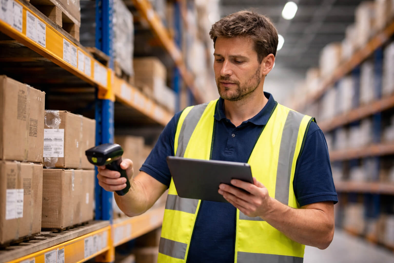 LAgerarbeider holder nettbrett og scanner varer
